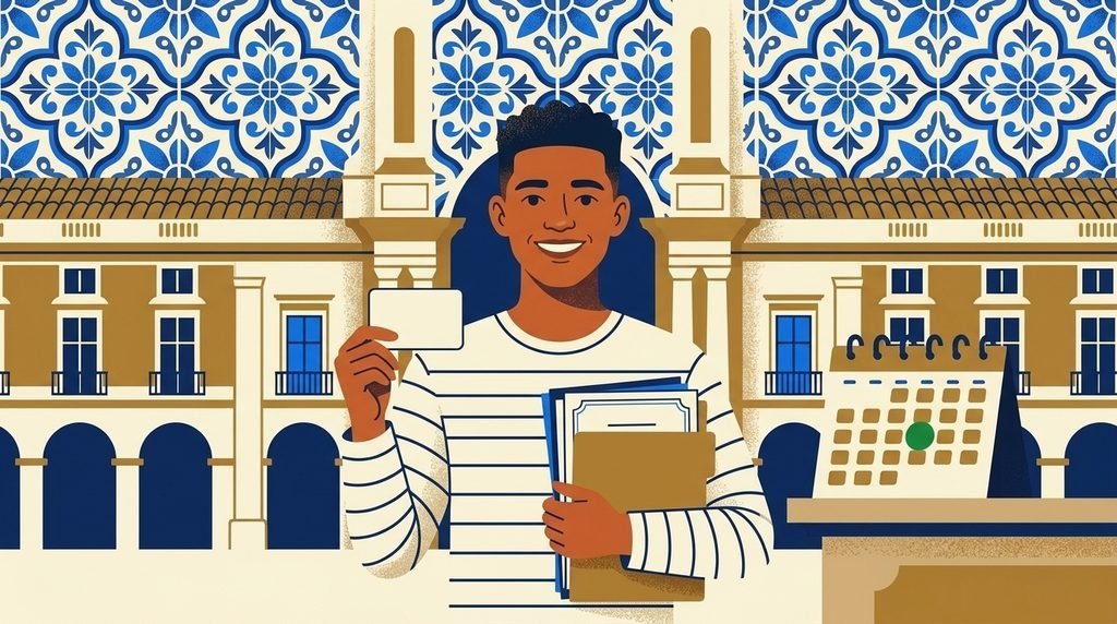 Jovem segurando cartão de residência diante de edifício com azulejos