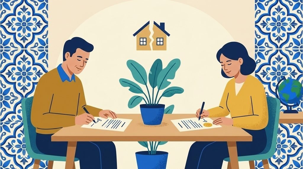 Duas pessoas assinando documentos em uma mesa com planta ao centro