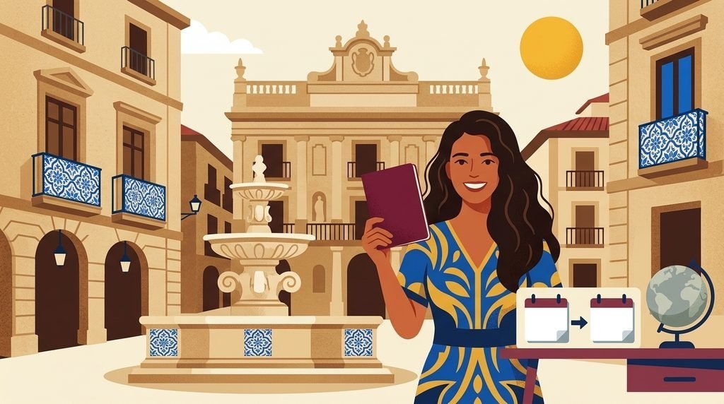 Mulher sorridente com passaporte em praça espanhola com fonte