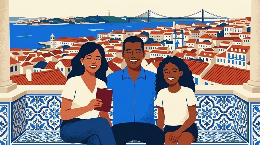 Família brasileira sorrindo em mirante de Lisboa com banco de azulejos