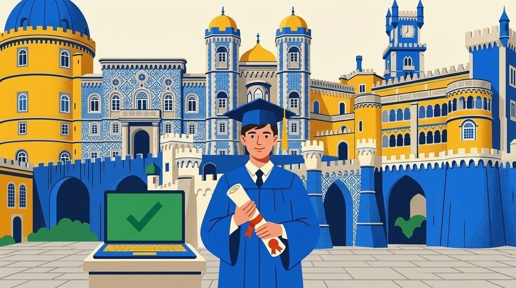 Formando com diploma diante de palácio com azulejos, ao lado de notebook com visto verde