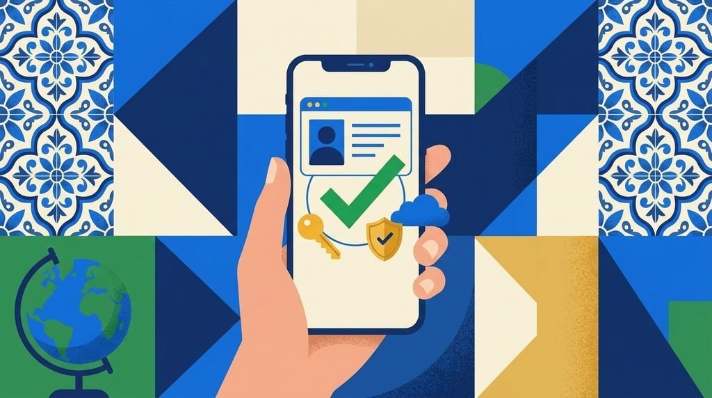 Mão segurando celular com documento de identidade aprovado e ícones de segurança
