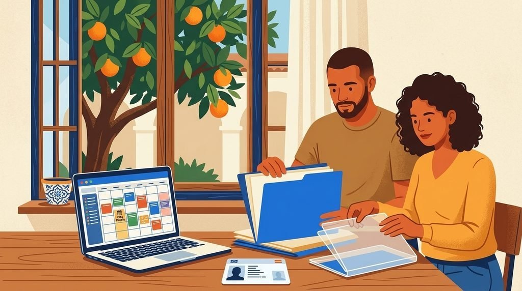 Casal organizando documentos em pastas, com notebook e calendário