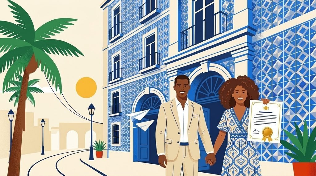 Casal sorridente de mãos dadas diante de prédio com azulejos, segurando certidão de casamento