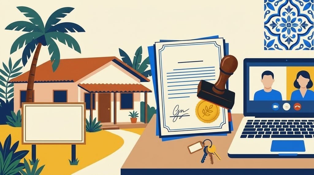 Casa com palmeira, contrato com carimbo, chaves e videochamada no notebook