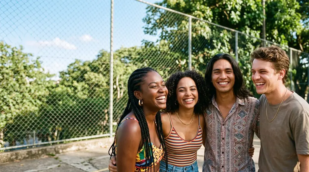 Amigos brasileiros a sorrir ao ar livre
